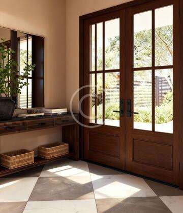 Beige porcelain tile with wood accent