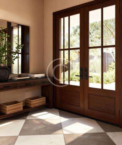 Beige porcelain tile with wood accent